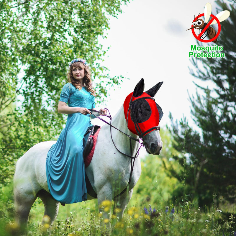 Horse Fly Mask with Ears, Comfortable Fit Stretch Fabric with UV Protection Soft on Skin Breathability for Small/Medium Size Horses (Red) Red Large (For 13.2-15.2 hand horse) - PawsPlanet Australia
