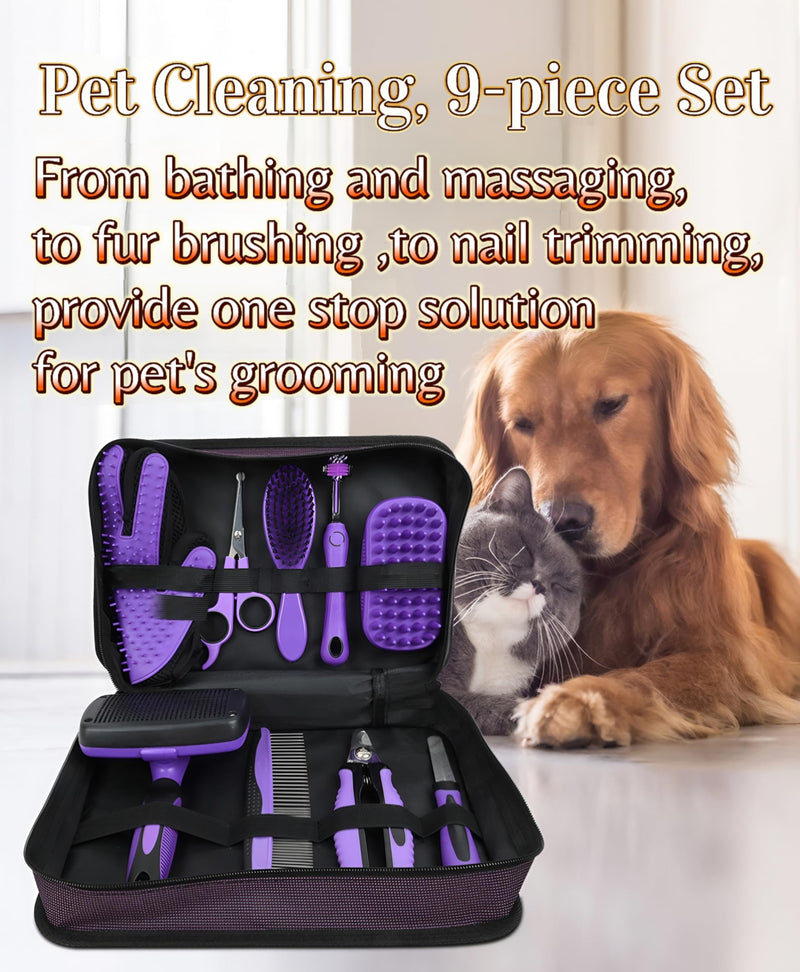 Pet Hair Grooming Tool Kit-9 Packs Dog Cat Grooming Kit Pet Dog Cat Grooming Supplies Washing Gloves Slicker Brush Kit Nail Grider Trimming Tools Pet Toothbrush Comb and Grooming Scissors Set - PawsPlanet Australia