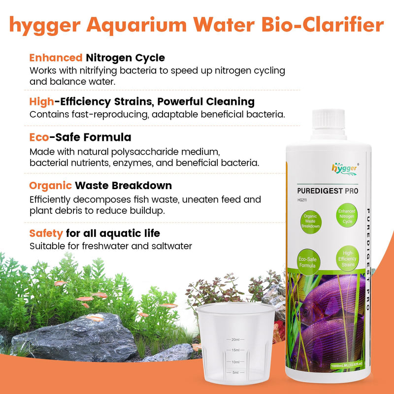 hygger Aquarium Water Bio-Clarifier, Reducing Fish Waste and Cleaning Organic Sludge, Natural Fish Tank Aquarium Leave-in Waste Management Solution for Freshwater and Saltwater Tanks, 300 ML - PawsPlanet Australia