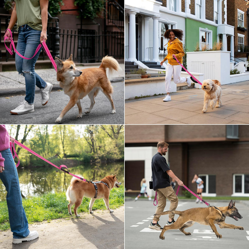 6 Foot Fuchsia Dog Leashes for Large Medium and Small Breed Dogs That Pull,Reflective Nylon Heavy Duty Dog Leash with 2 Comfortable Padded Traffic Handles and Car Seat Belt for Walking and Training