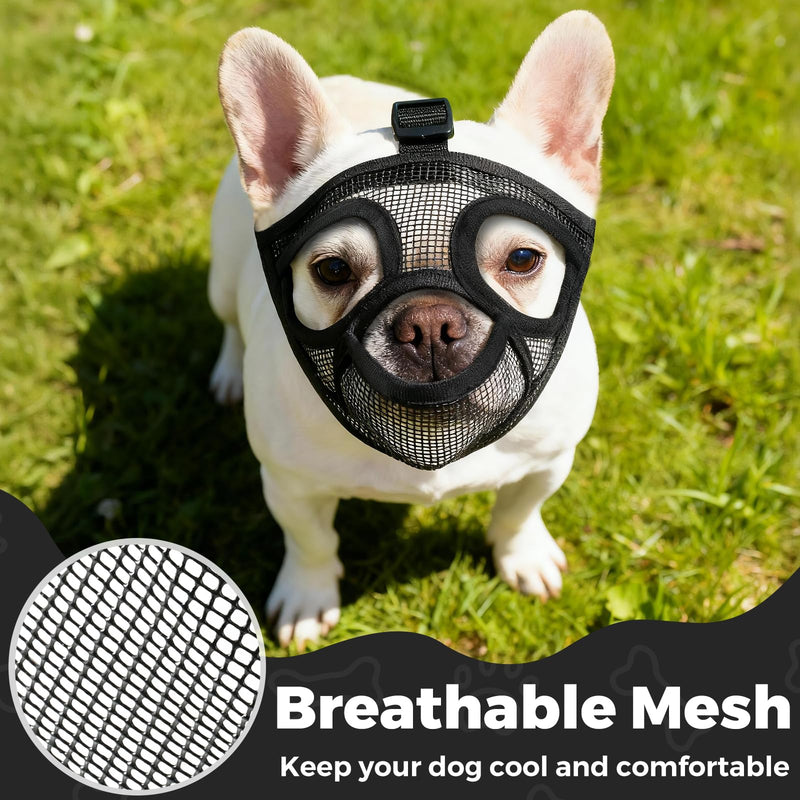 French Bulldog Muzzle, Soft Mesh Short Snout Muzzle with Mouth Opening & Enlarged Eye Holes, Allows Panting, Drinking & Feeding, Prevents Biting for Shih Tzu Pug English Bulldog(M,Black) M Black - PawsPlanet Australia