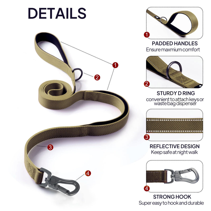 TwoEar 6FT 1IN Strong Brown Dog Leash with 2 Padded Handles, Traffic Handle Extra Control, Comfortable Soft Dual Handle, Auto Lock Hook, Reflective Walking Lead for Small Medium and Large Dogs 1 in x 6 ft - PawsPlanet Australia