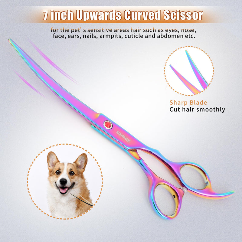 7.0in Titanium Professional Pet Grooming Scissors Set, GEMEK 6 in 1 Straight & Thinning & Upwards Curved & Downwards Curved Scissors & Comb for Dogs, Cats (Rainbow) Rainbow 6 in 1 7inch - PawsPlanet Australia