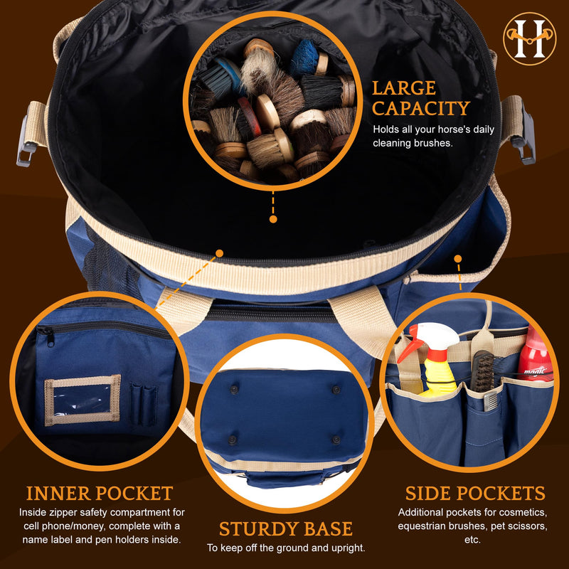 Huntley Equestrian Deluxe Grooming Bag Perfectly Designed Easy Access Multi Pocket Zipper Top Closure Double Handles Shoulder Strap Exterior Pockets One Size Navy Blue