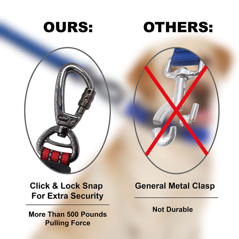 Kruz Dog Leash (Width - 1”, Length - 20 in) Reflective Rope Lead with Soft Silicone Grip, Click & Lock Snap, Durable Nylon Safety Lead with Locking Carabiner Clip & Foam Handle - Red 1" x 20" - PawsPlanet Australia