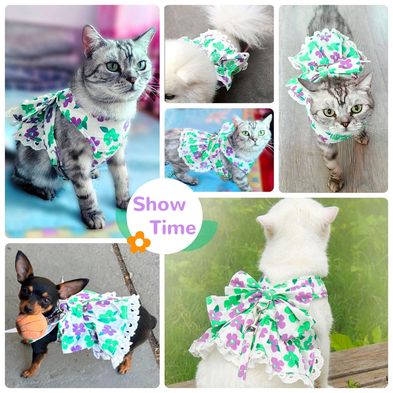 Dog Harness Dress Leash Set for Small Dog Summer Clothes Girl Female Puppy Cats Outfits Cute Floral Bowknot Princess Birthday Dress for Extra Small Pet Doggie Kitten Outfits Apparel(Green,XS) X-Small Green