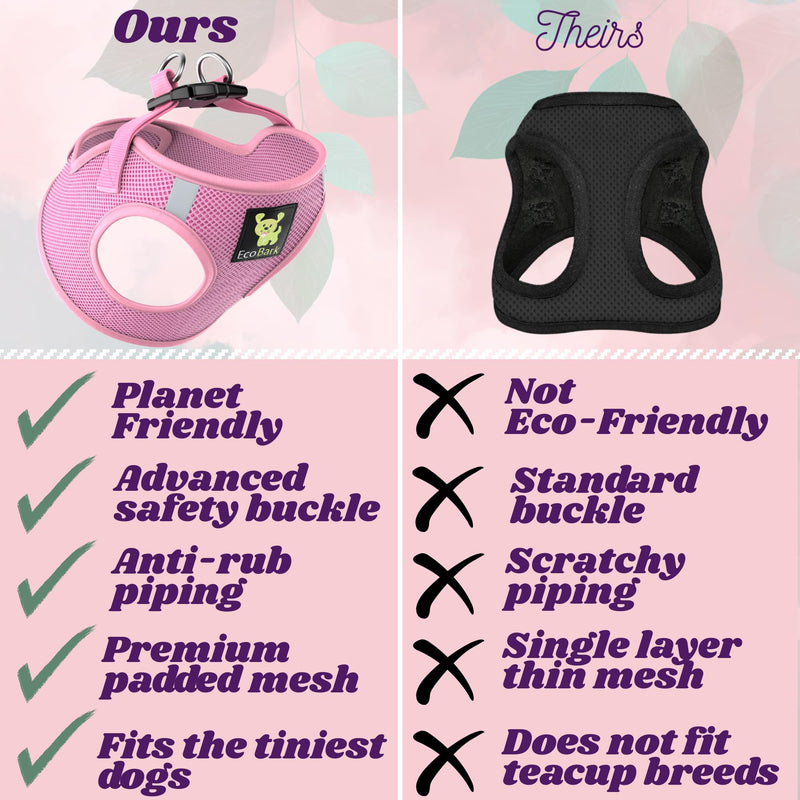 EcoBark Premium Quality Dog Harness - Teacup Dog Harnesses - Step in Halter Vest - Eco-Friendly Luxury Soft Mesh Halter - No Pull Mini Chest Body Collar - for Puppy & Toy Breeds (XXS, Baby Pink) XXS- 4 to 5 lbs- Chest Up to 11 in (Pack of 1) - PawsPlanet Australia