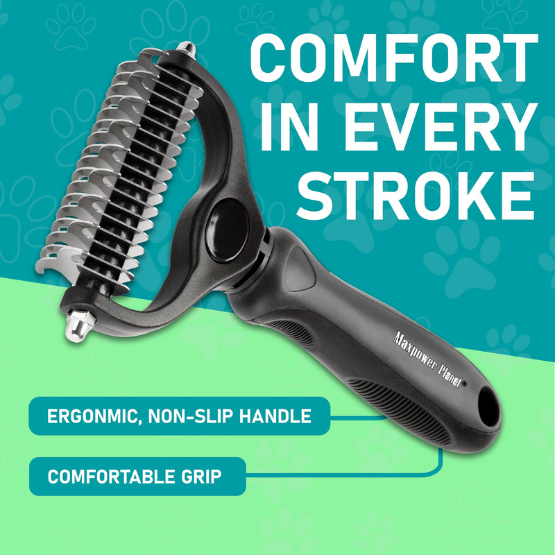 Maxpower Planet Dog Brush - Double Sided Deshedding Dematting Tool - Undercoat Rake, Long Haired Cats & Dogs - Black - PawsPlanet Australia