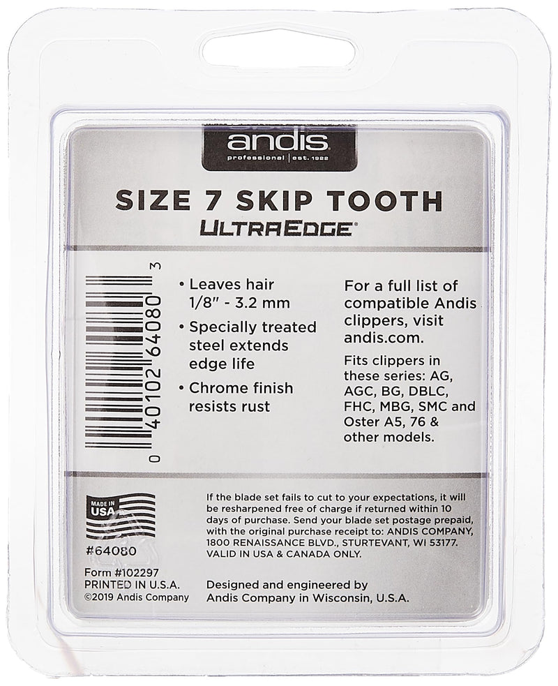 Andis – 64080, Ultra Edge Dog Clipper Blade – Made From High-Carbon Steel With Extended Edge Life, Includes Size-7 Skip Tooth, Harder Cutting Surface With Sharp Edge - 1/8-Inch Cut Length, Chrome - PawsPlanet Australia