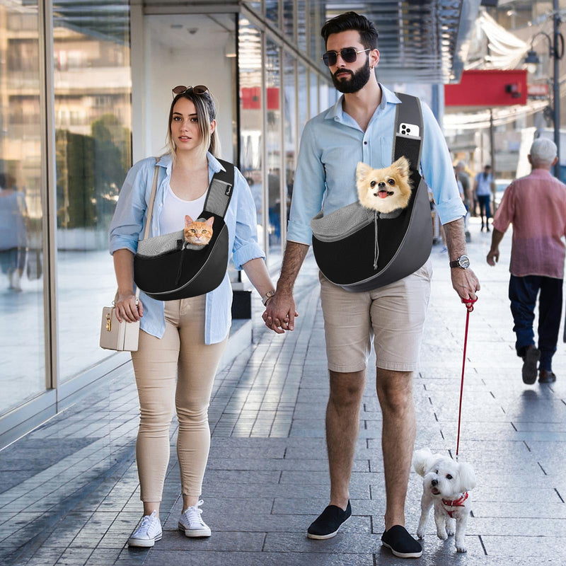 Pawaboo Pet Dog Sling Carrier, Hand Free Drawstring Dog Papoose with Adjustable Strap, Breathable Mesh Bag for Puppy Cat, Crossbody Satchel Dog Purse with Pocket for Outdoor, Dark Gray+Black, Medium Dark Gray + Black