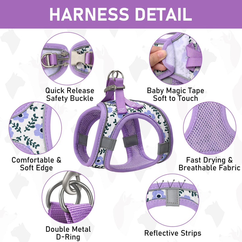 GAMUDA Small Dog Harness Collar and Leash Set, Step in No Chock No Pull Soft Mesh Adjustable Dog Vest Harnesses Plaid Reflective for Dogs Puppy Cats Kitten Rabbit (Purple Flower, S) Purple Flower - PawsPlanet Australia