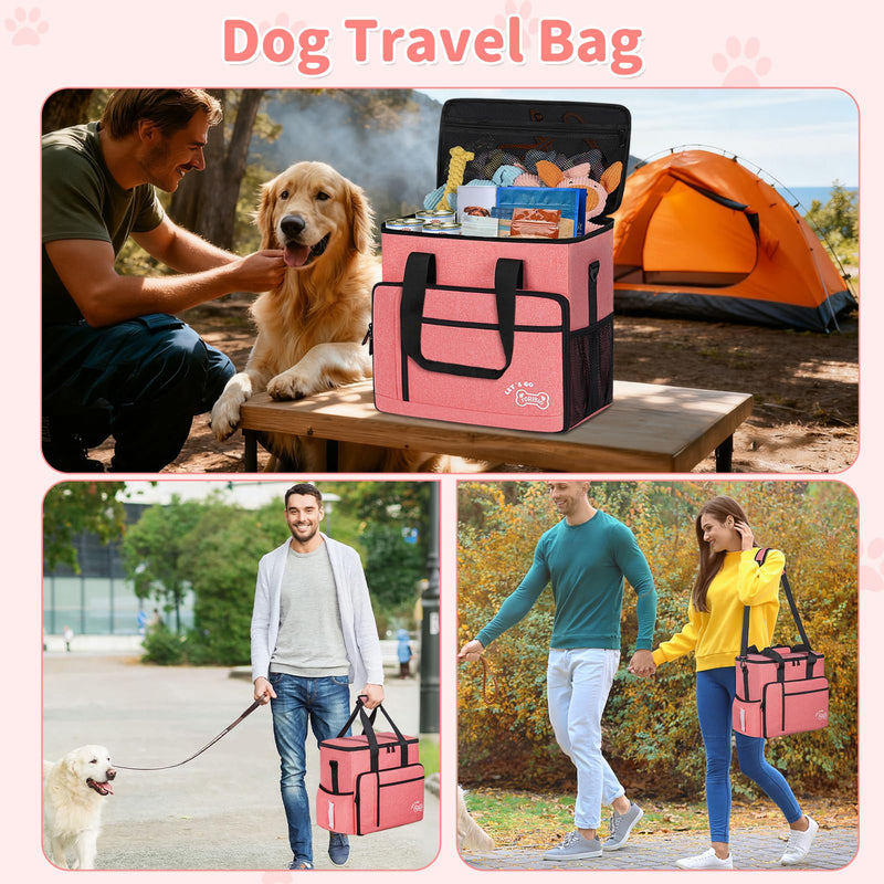 TORIBIO Dog Travel Bag,Large Pet Travel Bag for Supplies with 2 Food Container and Collapsible Bowls,Dog Travel Supplies Organizer Kit for Weekend,Road Trips,Camping Pink - PawsPlanet Australia