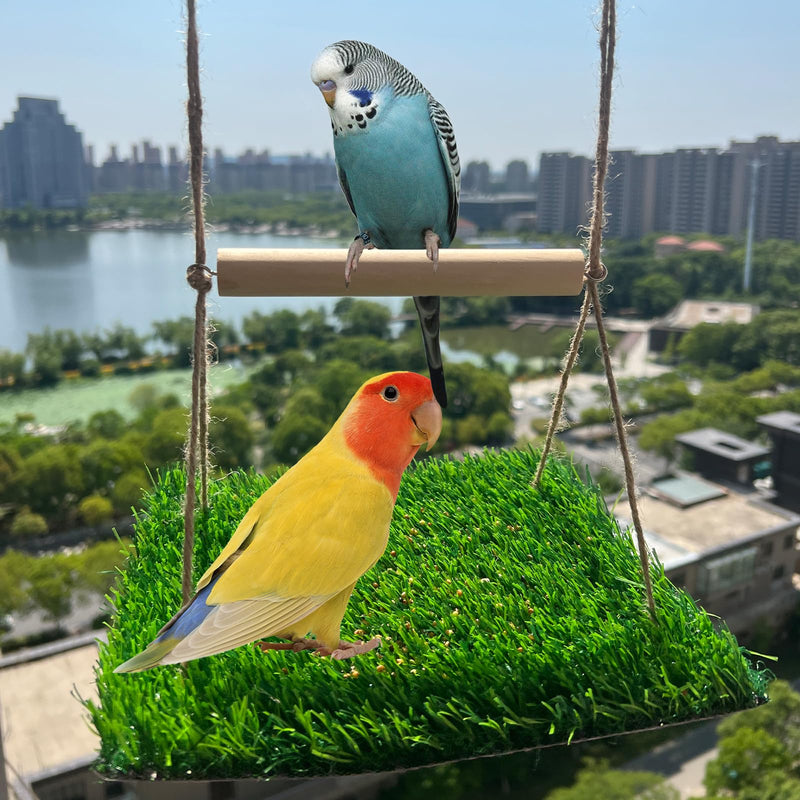 Bird Swing Mat with Wood Perch, Lawn Swing Hammock for Parrot, Simulated Grass Bird Swing Mat Hanging Climbing Hammock for Parakeet, Budgie, Conure, Cockatiel, Lovebird, Canary - PawsPlanet Australia