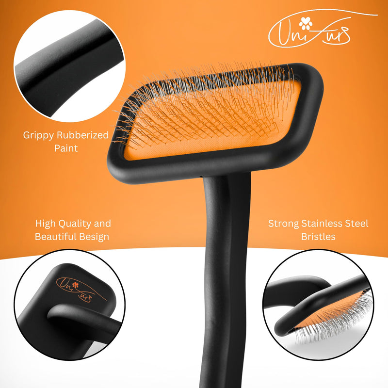 Black Medium Dog Slicker Brush for Dogs and Cats Grooming | Detangle, Fluff & Volumize | Soft Vented Cushion | Matt Rubberized Paint | Ergonomic Handle | Wire Brush | Orange Details - PawsPlanet Australia