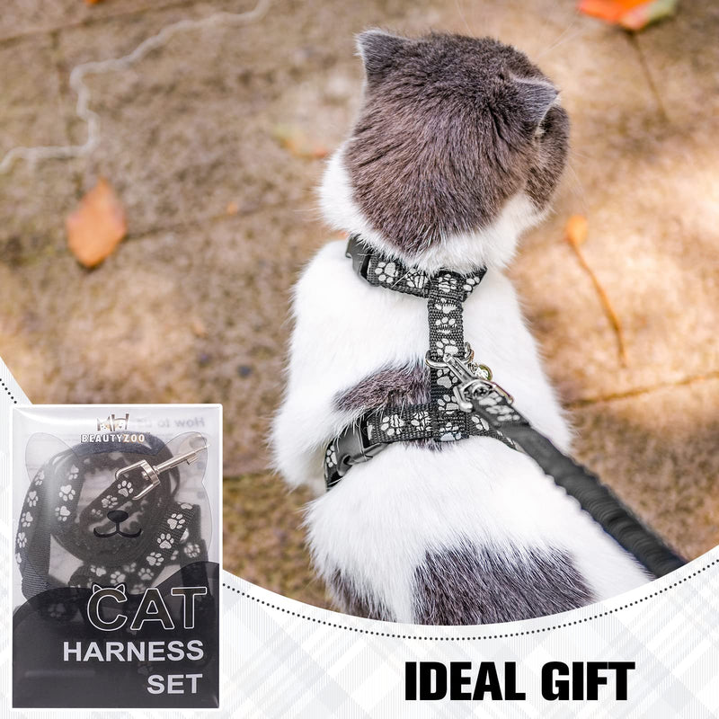 BEAUTYZOO Cat Harness and Leash Set Escape Proof for Walking, Kitten Soft Adjustable Vest Harnesses for Small Medium Large Cats, Easy Control Breathable Plaid Ribbon Nylon for Outdoor Indoor Use Black_Reflective - PawsPlanet Australia