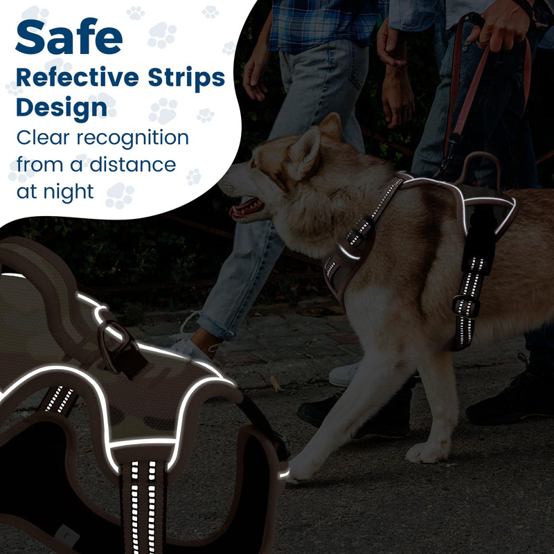 Funfox Dog Harness No Pull, Adjustable Pet Vest Harness, Super Soft Material with Vertical Handle Easy Control, Reflective Night Walking, 2 Leash Clips for Large Dogs, Camo Brown, L - PawsPlanet Australia