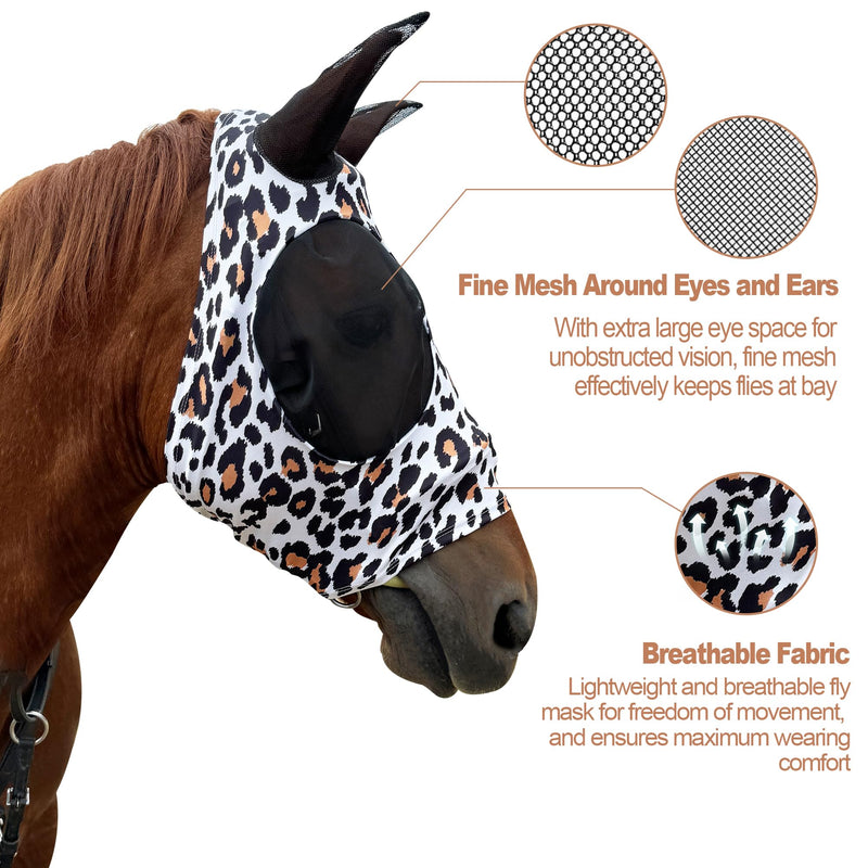 Horse Fly Mask with Ears - Equine Fly Mask for Horses with Sunlight Protection, Large Eye Space with Breathable Elastic Fabric, Funny Horse Mask Suitable for Average Size Horses Leopard Print Medium - PawsPlanet Australia