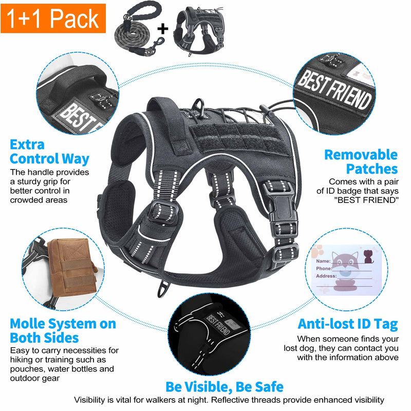 Heavy Duty Tactical Dog Harness for Large Dogs, No Pull Adjustable Pet Harness Reflective Service Training Easy Control Pet Vest Military K9 Working Dog Harnesses- Large, Black