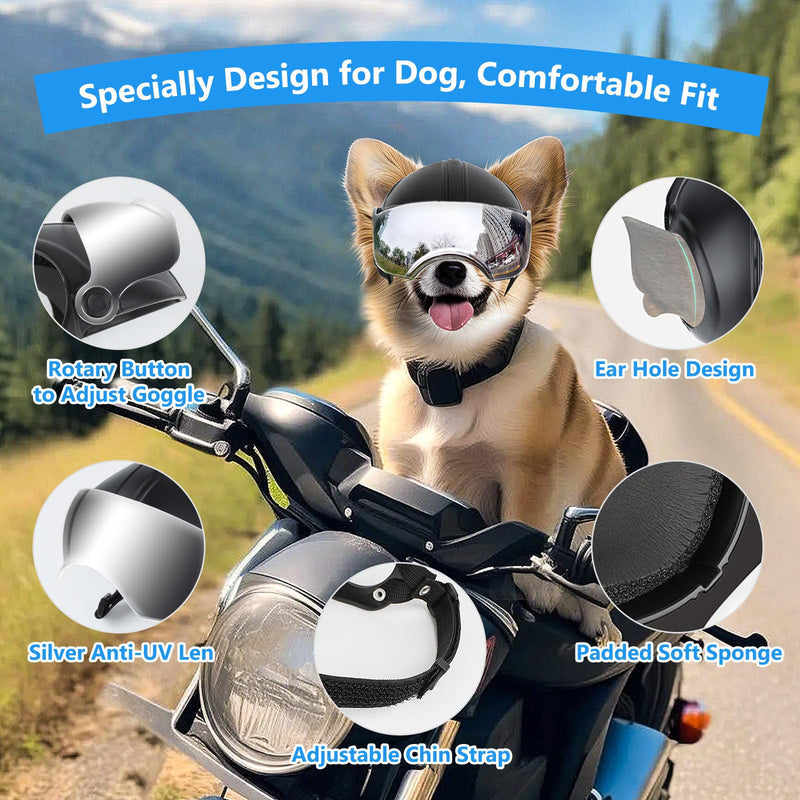 Namsan Dog Helmets for Small Dogs, Dog Helmet with Sun Lens Goggles, Doggie Helmets Hat with Ear Holes, Bike Doggie Helmet for Small to Medium Dogs, Adjustable, Black Silver Helmet - PawsPlanet Australia