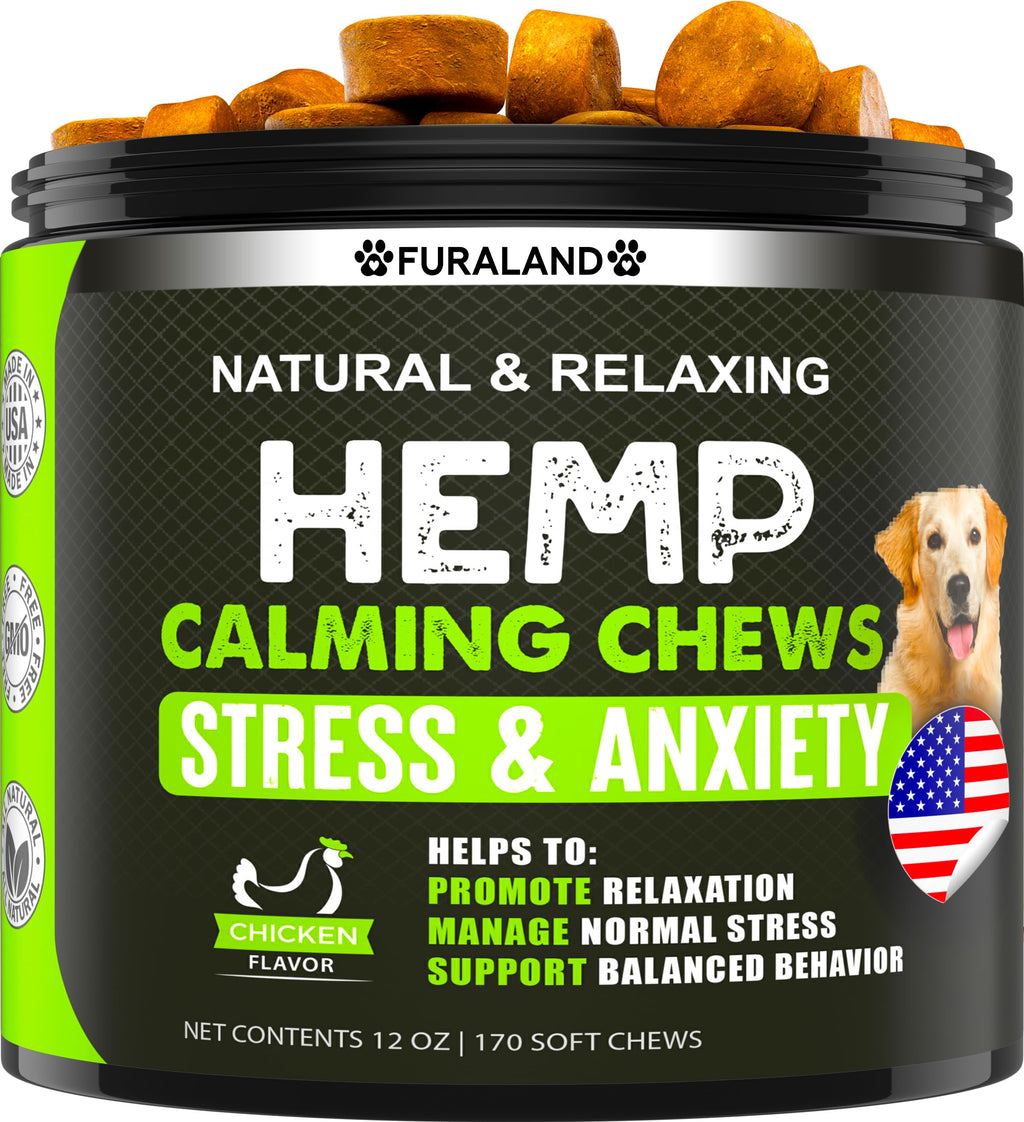 Hemp Calming Chews for Dogs with Anxiety and Stress - 170 Dog Calming Treats - Storms, Barking, Separation - Valerian Root - Melatonin - Hemp Oil - Dog Anxiety Relief - Made in USA | Soft Chews Chicken