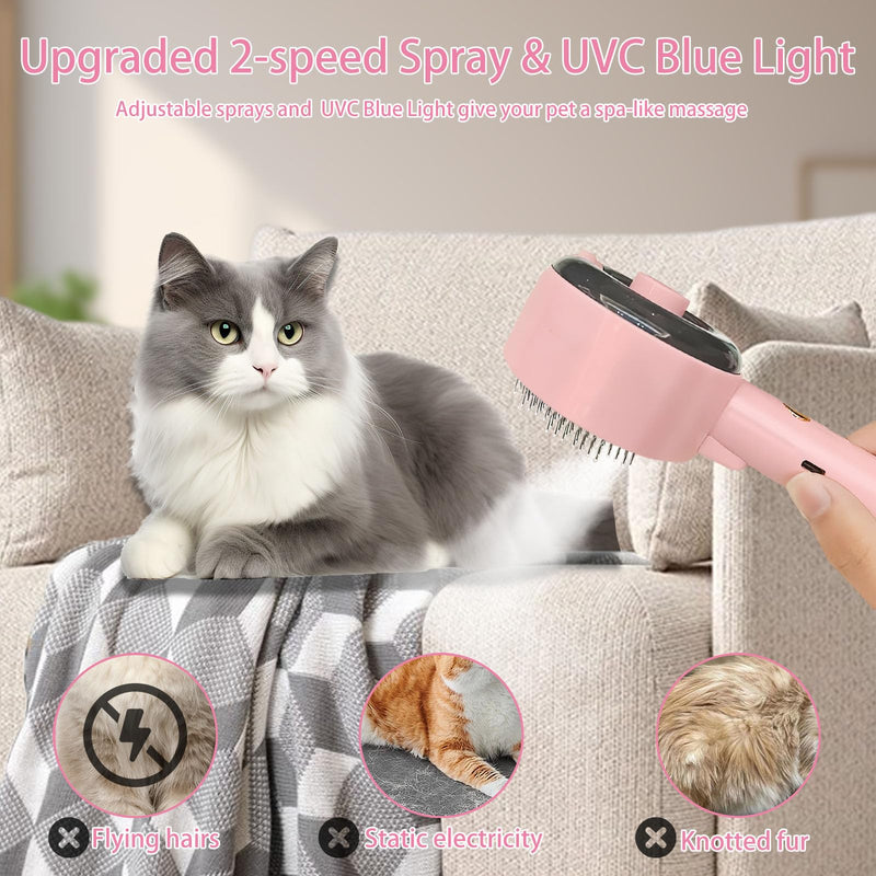 Cat Steam Brush For Shedding, Steamy Dog Grooming Brush With 2-Speed Spray, Blue Light And Release Button, Rechargeable Water Pet Hair Brushes Wet Self Cleaning Cat Spa Brush Cat Comb (Pink) Pink - PawsPlanet Australia