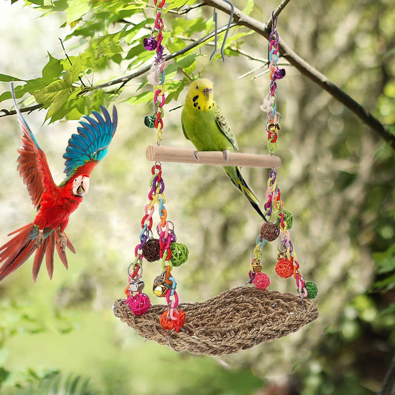Bird Swing Toys with Wood Perch, Seagrass Woven Parrot Platform Bird Climbing Hanging Hammock Bird Perch Stand Chewing Toy for Parakeets,Budgie, Conure, Cockatiel,Lovebird - PawsPlanet Australia