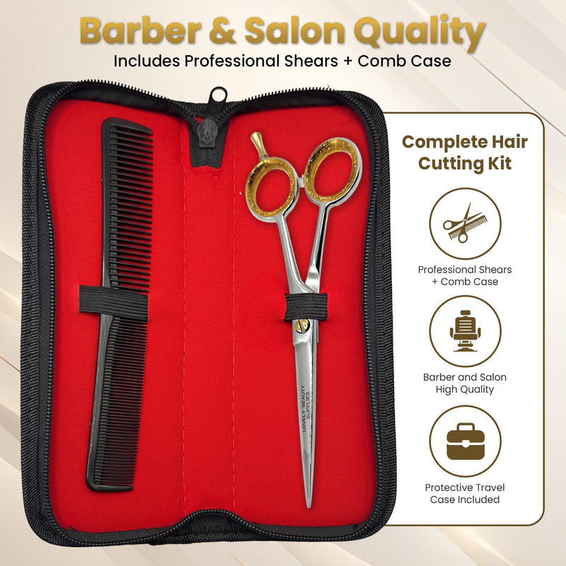 Professional Barber Scissors 6.5" - Sliver- Hair Cutting Shears - Includes Leather Case & Comb - High Carbon Steel, Ergonomic Grip, LBS