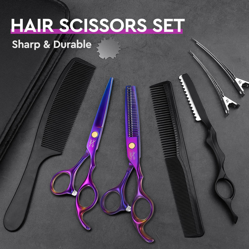 JASON Hair Scissors Professional - 10 PCS Haircut Scissors Set, Thinning Shears for Hair Cutting with 30 Teeth, Straight Shears for Men Women Home Salon Barber (6.7", Purple) 6.5inch-purple - PawsPlanet Australia
