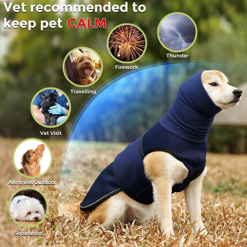 Dotoner Dog Anxiety Relief Coat,2-in-1Calming Anxiety Jacket for Dogs with Soft Ear Muffs Hood for Noise Dog Anxiety Vest with reflective strips Belly Coverage Anti-Anxiety Wrap Relief Stress M Navy blue