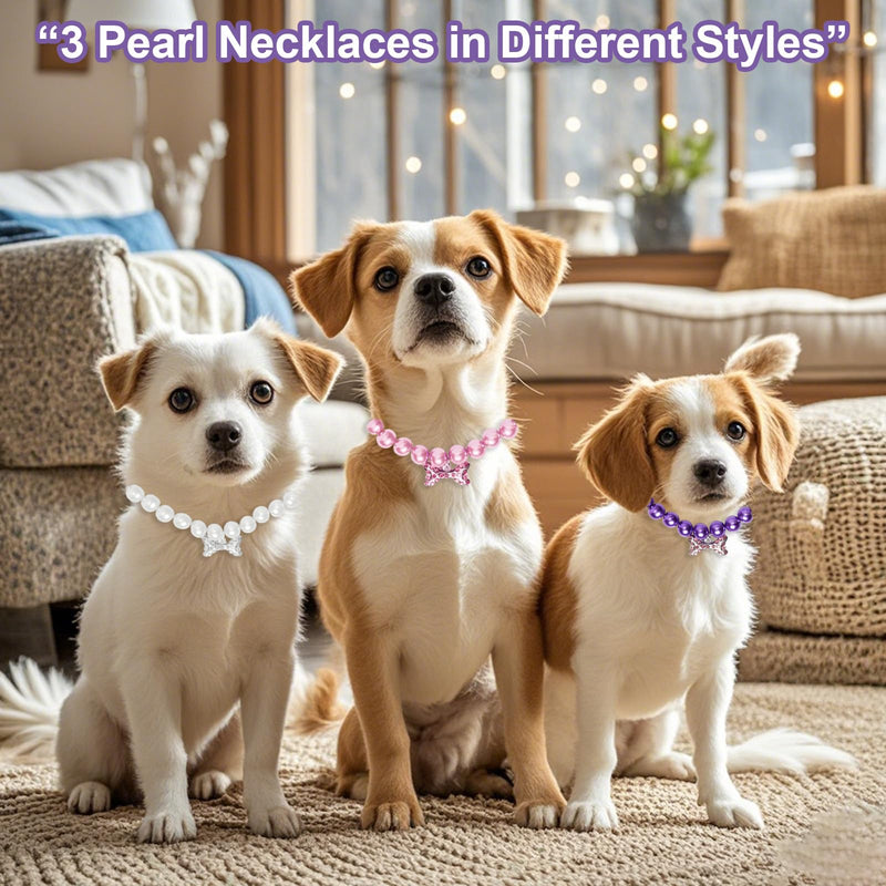 3 Pcs Small Dog Collars Female Jewelry Cute Ribbon Bow Pet Cat Pearl Necklace Collar with Bling Rhinestones Bone for Dogs Puppy Kitten Wedding Birthday Party White,Pink and Purple - PawsPlanet Australia
