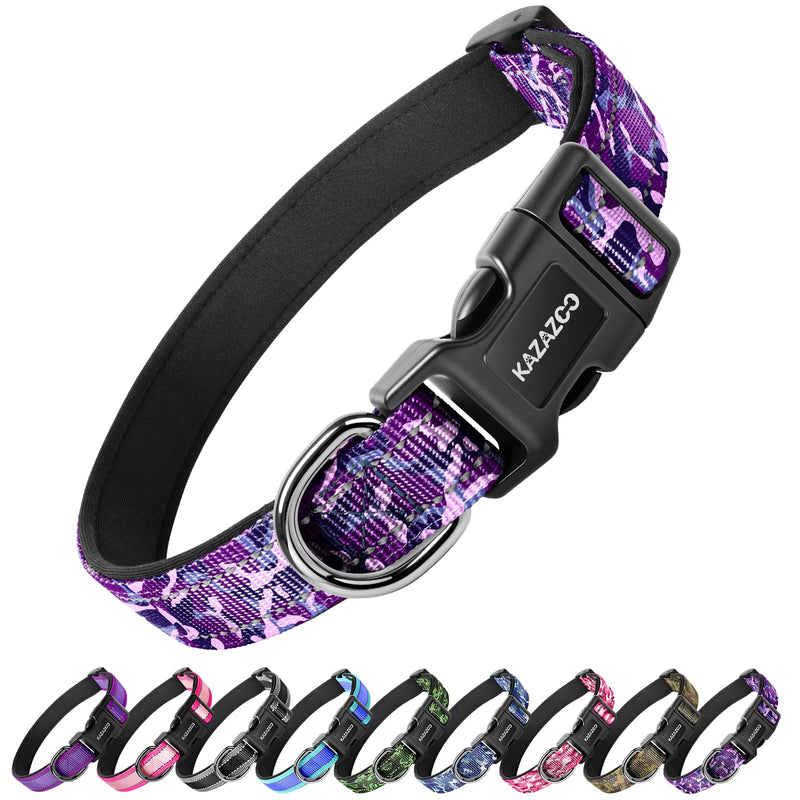 Kazazoo Reflective Dog Collar with Soft Padding Dog Collar for Large Dogs, Reflective Wide Nylon Adjustable Collar with Soft Padding, Durable Buckle for Pitbull Labrador Retriever,Girl Purple camo-L L