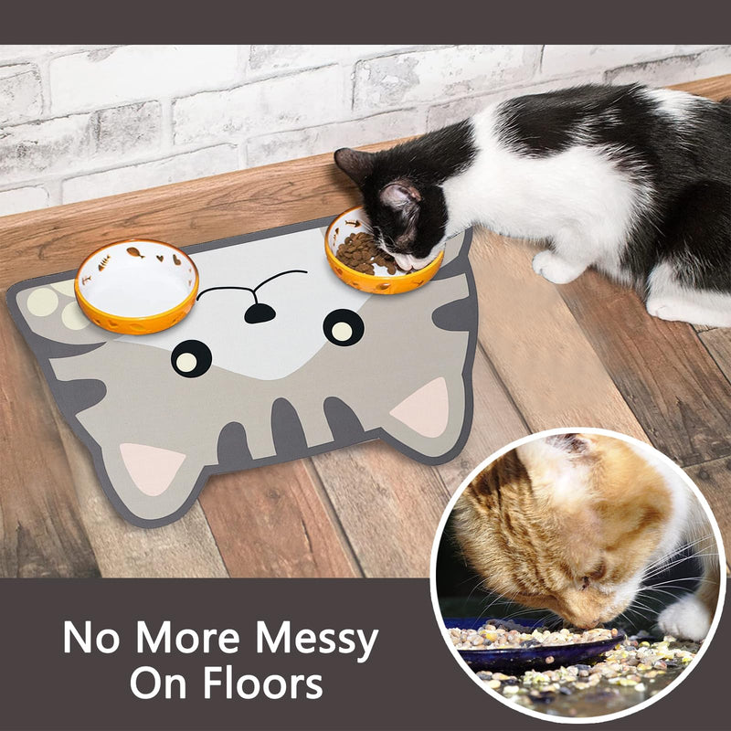 Cat Food Mats for floor, Cat Water Bowl Mats Pet Feeding Absorbent Mat Cat Placemats for Food and Water Grey Small 17.7 * 9.8 inch Cat Head - PawsPlanet Australia