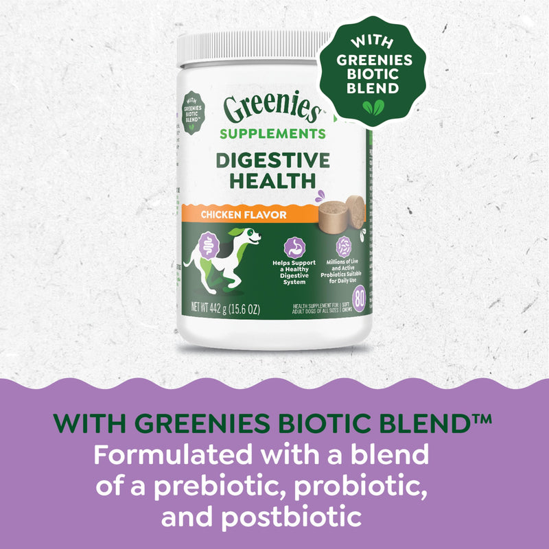 Greenies Supplements Digestive Health Probiotics for Dogs Chicken Flavor, 80 Count Soft Chews Dog Probiotics, 15.6 oz. Pouch - PawsPlanet Australia