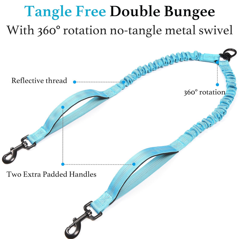 iYoShop Double Dog Leash with Three Extra Traffic Handles, 360 Swivel No Tangle Dual Dog Walking Leash, Comfortable Shock Absorbing Reflective Bungee for Two Dogs(15-120 lbs, Blue) Weight (15~120 lbs.)