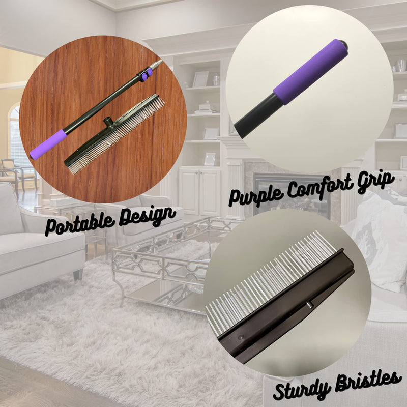Room Groom PET Carpet Rake and Groomer with Telescoping 54 Inch Adjustable Handle, Rugs, and Artificial Turf, Purple Grip, Black/Purple - PawsPlanet Australia