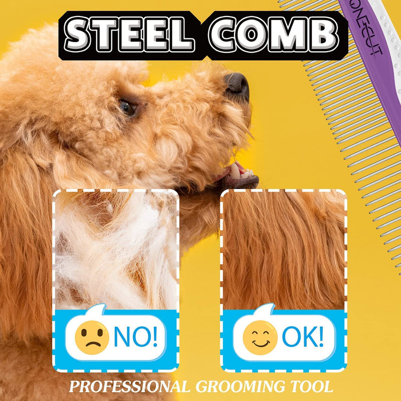 Dog Comb, OneCut Pet Grooming Tool for Removing Tangles Knots and Matted Fur, Wide and Narrow Teeth Comb Design for Dogs and Cats (Purple) Purple