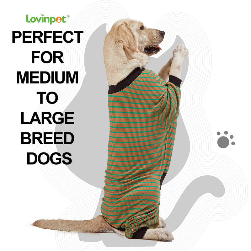 LovinPet Big Dog Pajamas, Cotton Brown and Green Stripe Dog Shirt, Stop Shedding for Dogs, Pet Pajamas for Dogs, UV Protection, Pitbull Clothes, Pet PJ's, M Medium Green Brown - PawsPlanet Australia