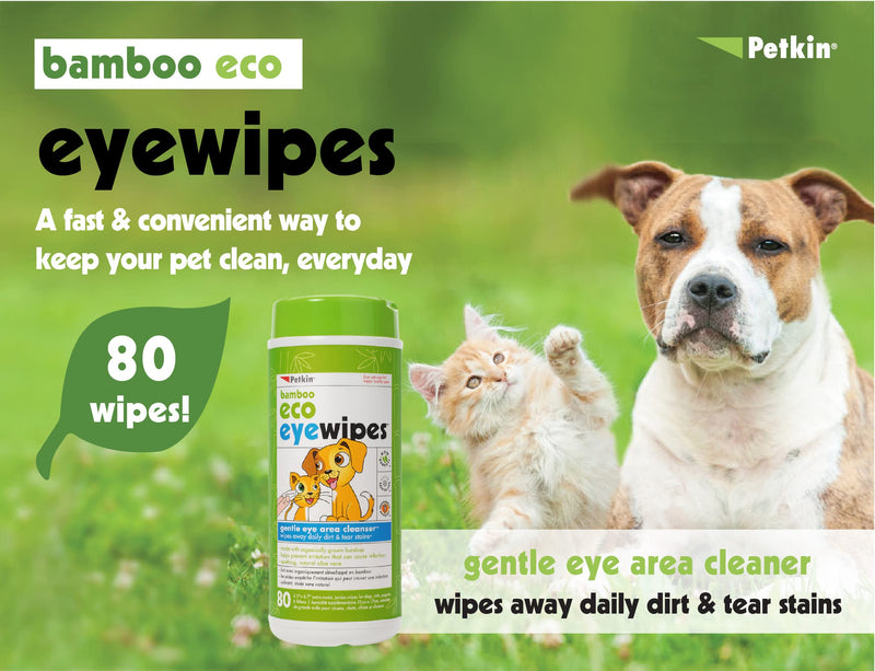 Petkin Bamboo Pet Eye Wipes, 80 Moist Wipes - Soft Bamboo Cloth Pet Eye Cleaning Wipes Remove Dirt, Discharge, & Tear Stains - Safe & Easy to Use Pet Wipes for Dogs, Cats, Puppies & Kittens