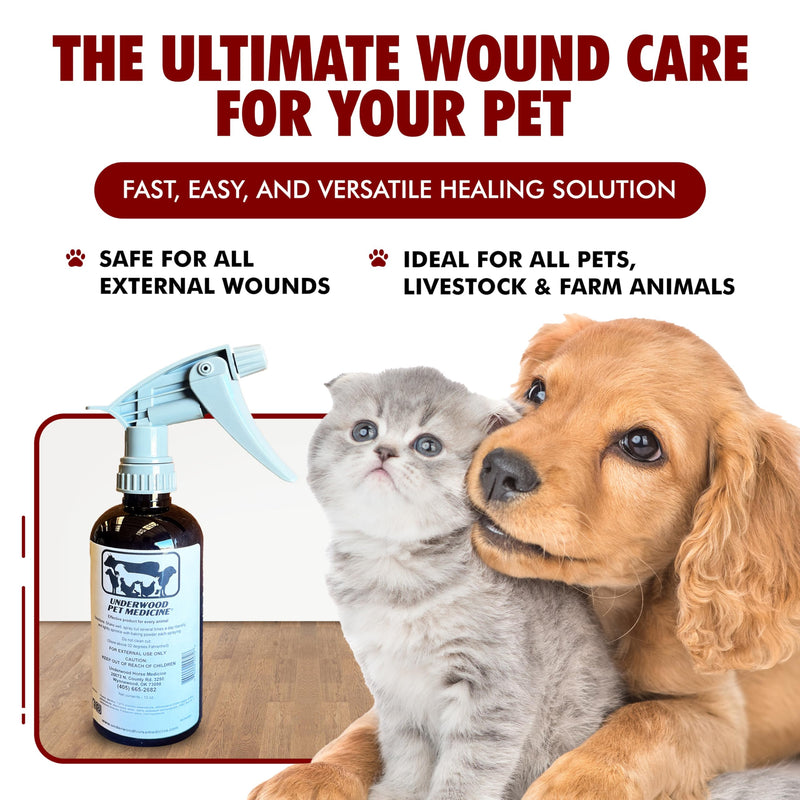 Underwood Pet Wound Care Spray – Versatile & Economical Wound Care Solution for All Animals - Prevents Infections, Gentle & Easy to Use - Antiseptic Spray Suitable for Cuts, Scrapes & Open Wounds
