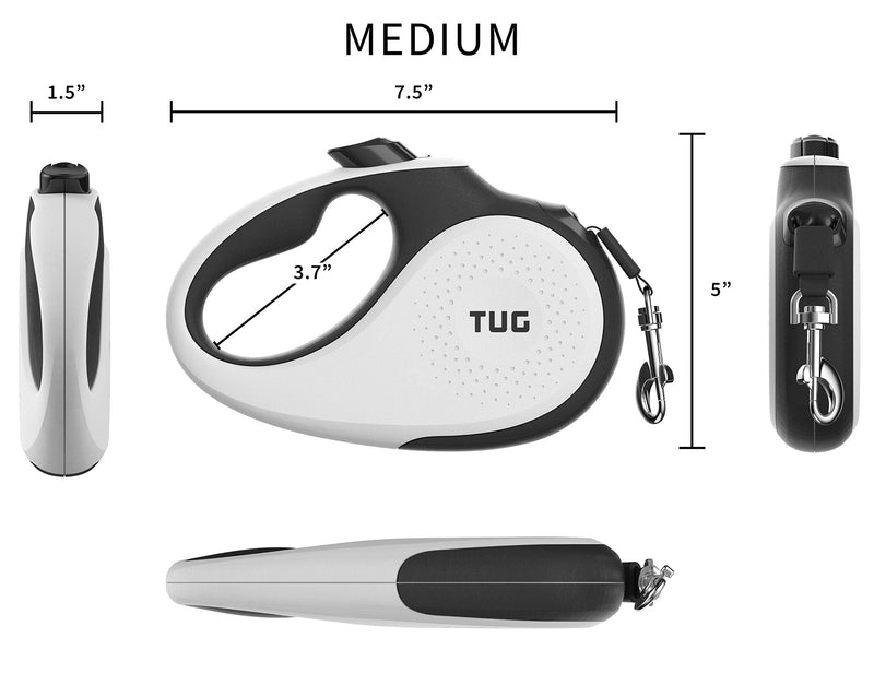 TUG 360° Tangle-Free Retractable Dog Leash | 16 ft Strong Nylon Tape | One-Handed Brake, Pause, Lock (Medium, White) Medium