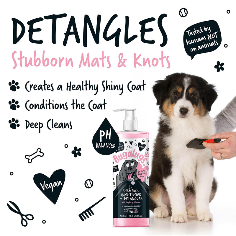 BUGALUGS 3-in-1 Dog Shampoo, Conditioner & Detangler – Raspberry & Lemon Scented Grooming for Smelly Dogs, Puppy Coat Care, Pet Accessories (500ml) (BSDTCDE500) Shampoo 500ml