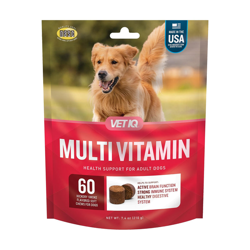 VetIQ Multivitamin Supplement for Dogs, Supports Active Brain Function, Immune System, and Digestive System, Hickory Smoke Flavored Dog Multivitamin, Made in The USA, 60 Count