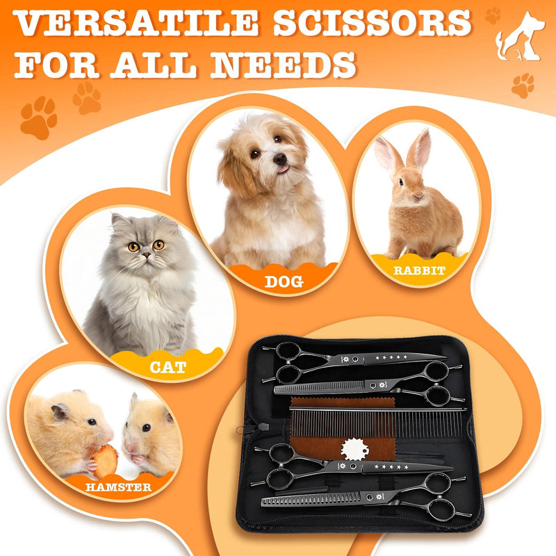 Dream Reach Dog Grooming Scissors - Professional 7.5 Inch Pet Scissors Sharp and Durable Shears Set Thinning, Chunker, Straight, Curved Shears and Comb for Dog Cat Pet, Black - PawsPlanet Australia