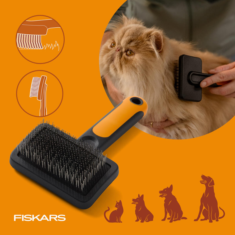 Fiskars Pet, Cat and Dog Brush, Fine Bristles & SoftGrip Handle for Gentle Grooming and Deshedding, Cat and Dog Supplies, Orange/Black Slicker Brush - PawsPlanet Australia
