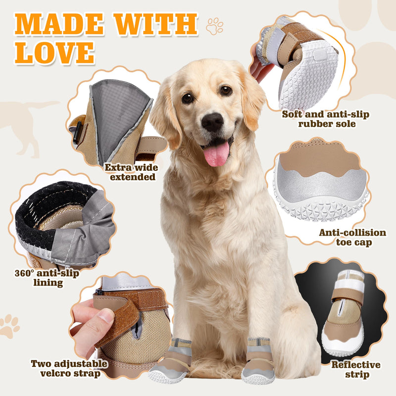 DcOaGt Dog Shoes Large Size Dogs,Mesh Breathable Dog Boots & Paw Protectors for Hot Pavement Summer Winter Snow, 360°Anti-Slip Dog Booties with Reflective Strips for Hiking/Walking,Khaki 4PCS(Size 8) Khaki-Reflective