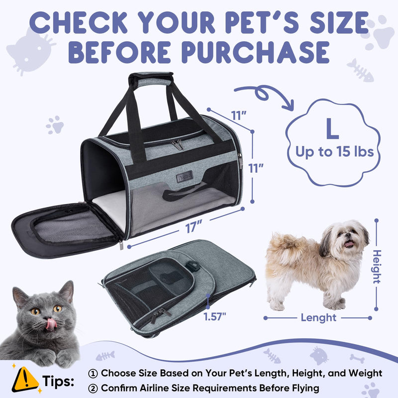 BALEINE Cat Carrier, Puppy Dog Carrier for Small Medium Pets Up to 15 Lbs, Soft-Sided Dog Travel Bag with Safety Zippers, Collapsible Pet Carrying Case (Gray, L, 17"x11"x11") Grey - PawsPlanet Australia
