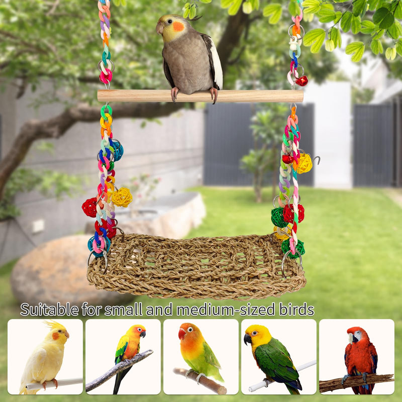 Natural Bird Swing Toys with Wood Perch,Double Layer Bird Seagrass Woven Climbing Hammock with Chewable Perch Stand Chewing Toy for Parakeets,Budgies,Conures,Cockatiels,Lovebirds - PawsPlanet Australia
