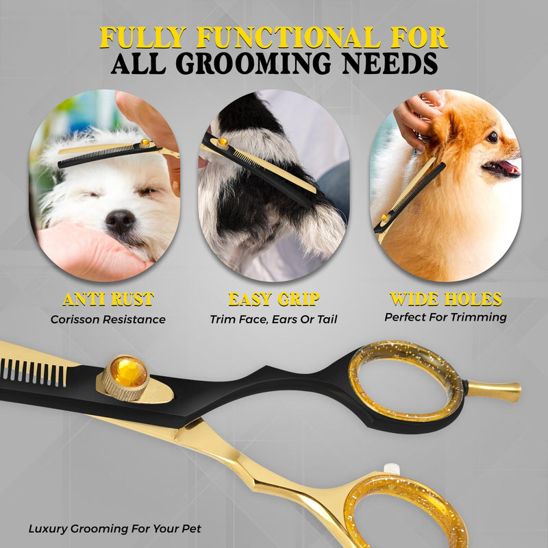 7.5” Curved Thinning Shears for Dogs and Cats – 34 Tooth Professional Pet Grooming Scissors – Smooth, Quiet Blending Shears for Face, Ears, Chest and Legs, Ergonomic Design for Home and Pro Use Golden Black Curved Thinning Scissors - PawsPlanet Australia
