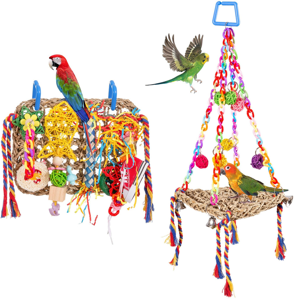 Bird Parakeet Foraging Toys 2PCS - Parrot Cage Accessories Stuff, Natural Woven Climbing Perch Nest, Chewing Toys for Budgerigars, Conure, Cockatiel, Finch, Lovebirds, and Medium, Small Birds