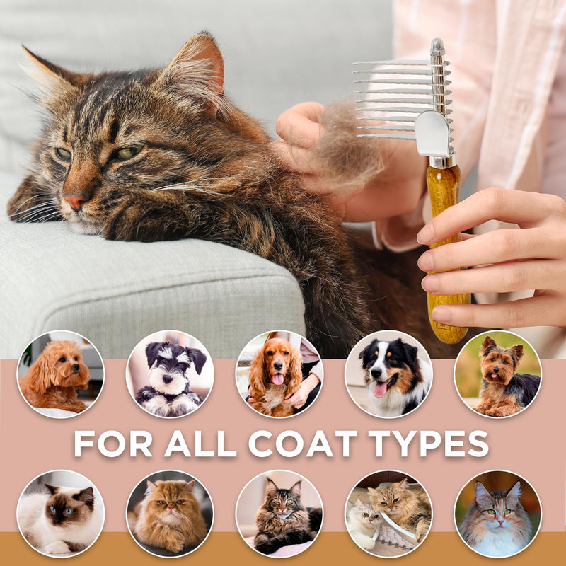 TAKAVU Dematting Fur Rake Comb Brush for Dogs and Cats, Safety Steel Blades Detangling Pet Brush, Undercoat Grooming Brush Cutting and Removing Dead Matted Knotted Hair for Doodles Poodles Terrier - PawsPlanet Australia